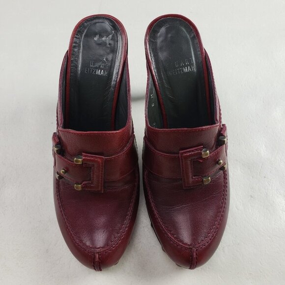 Stuart Weitzman Red Leather Clog Womens 6 Slip On Heel Studded Buckle Mule - Picture 4 of 16